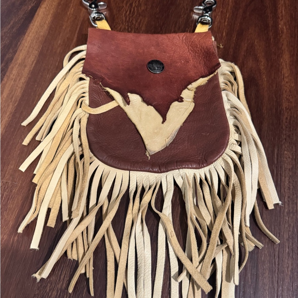 Fringe Leather Crossbody Bag - Brown and Tan
